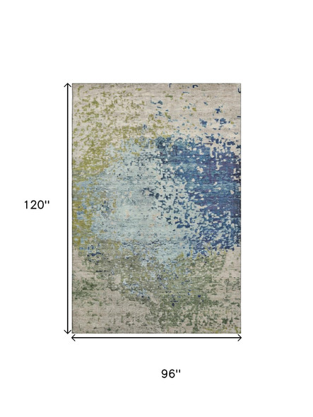8' X 10' Blue Green And Beige Abstract Washable Area Rug With UV Protection