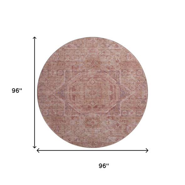 8' Salmon And Beige Oriental Washable Round Rug With UV Protection