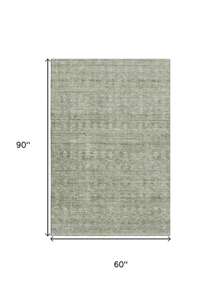 5' X 8' Sage And Beige Striped Washable Area Rug With UV Protection