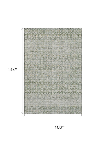 9' X 12' Green Gold And Ivory Striped Washable Area Rug With UV Protection