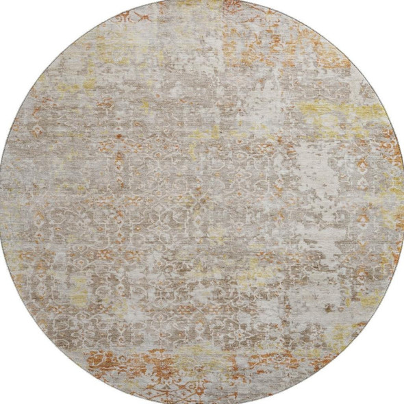 8' Brown Gold And Orange Oriental Washable Round Rug With UV Protection