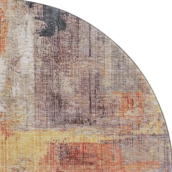 8' Taupe Gold And Copper Abstract Washable Round Rug With UV Protection