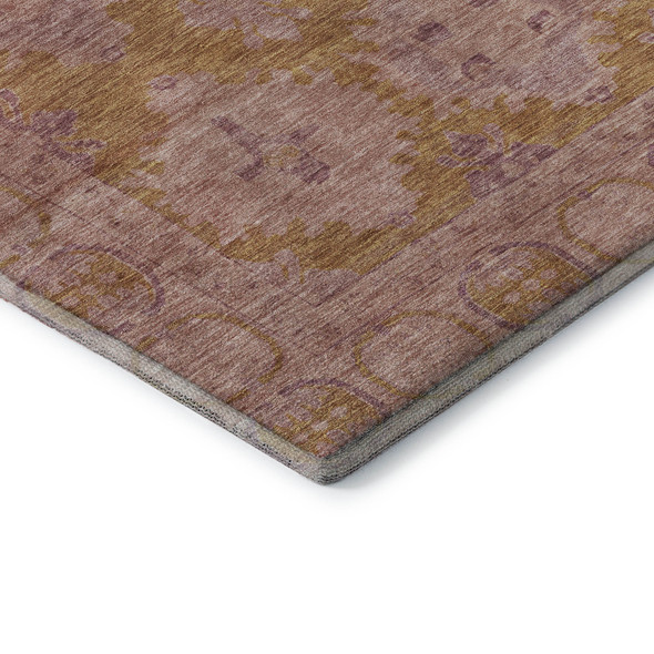 8' Blush And Orange Oriental Washable Round Rug With UV Protection