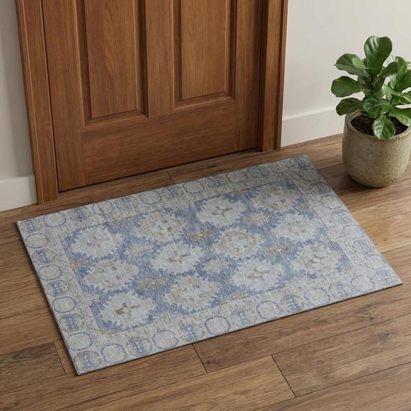3' X 5' Blue And Brown Oriental Washable Area Rug With UV Protection