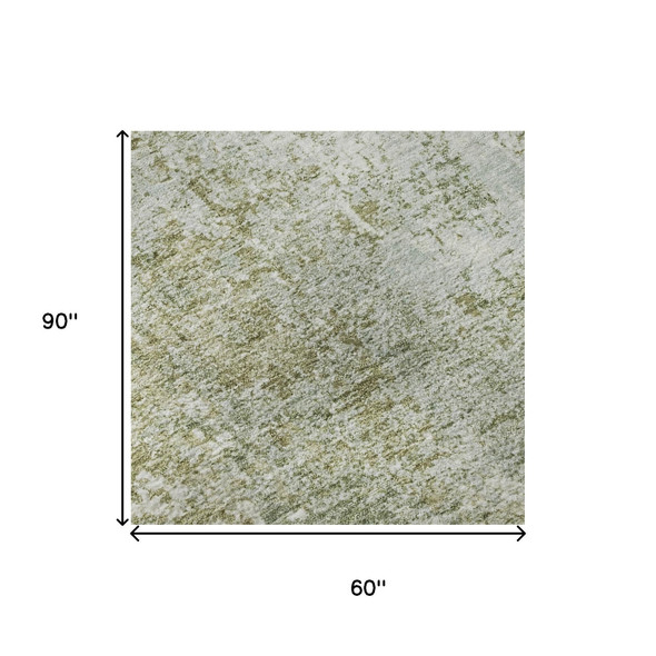 5' X 8' Artichoke Green And Ivory Abstract Washable Area Rug With UV Protection