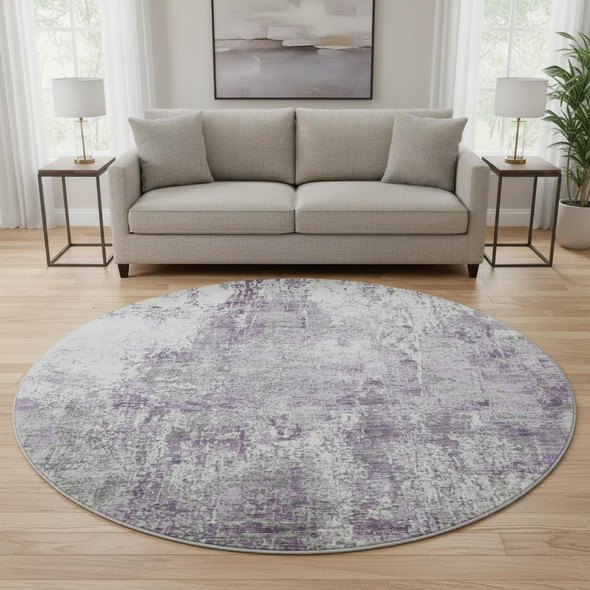 8' Plum And Ivory Abstract Washable Round Rug With UV Protection