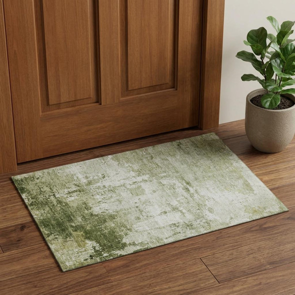 3' X 5' Sage And Ivory Abstract Washable Area Rug With UV Protection