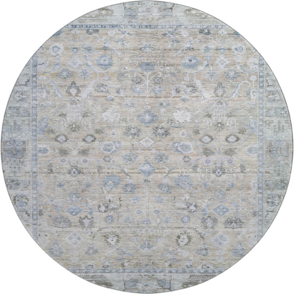 8' Beige And Blue Oriental Washable Round Rug With UV Protection