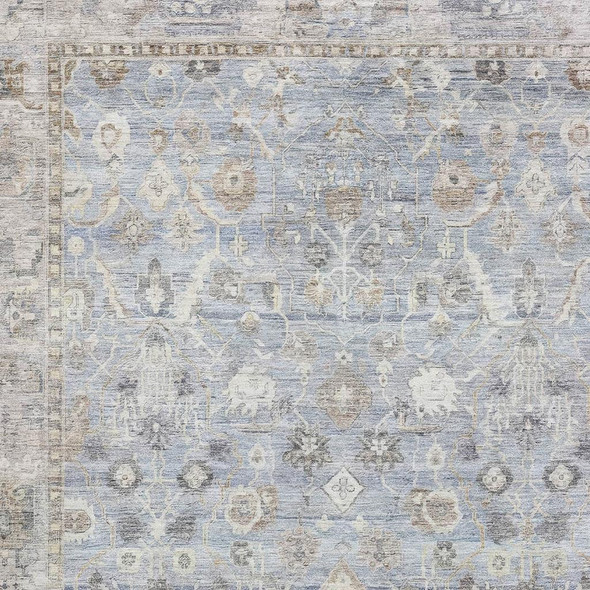 9' X 12' Sky Blue And Ivory Oriental Washable Area Rug With UV Protection