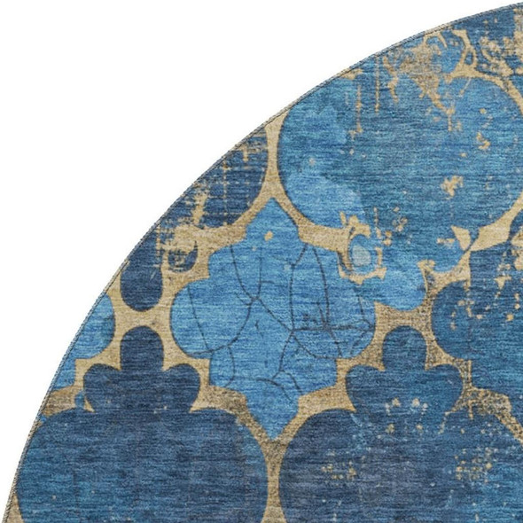 8' Blue And Gold Damask Washable Round Rug With UV Protection