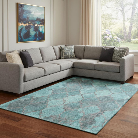 8' X 10' Teal And Taupe Damask Washable Area Rug With UV Protection