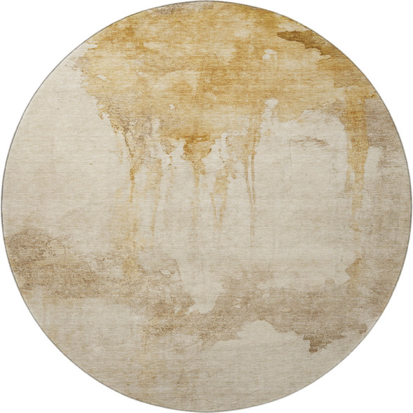 8' Gold And Beige Abstract Washable Round Rug With UV Protection