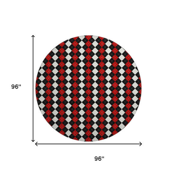 8' Black Red And White Geometric Washable Round Rug With UV Protection