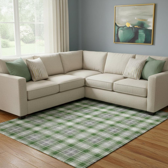 8' X 10' Green Gray And Ivory Abstract Geometric Washable Area Rug With UV Protection