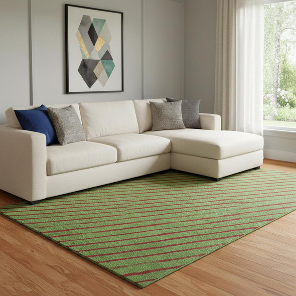 8' X 10' Fern Green And Red Abstract Geometric Washable Area Rug With UV Protection