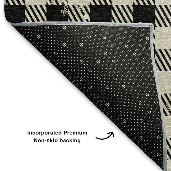 5' X 8' Taupe Black And Ivory Gingham Washable Area Rug With UV Protection