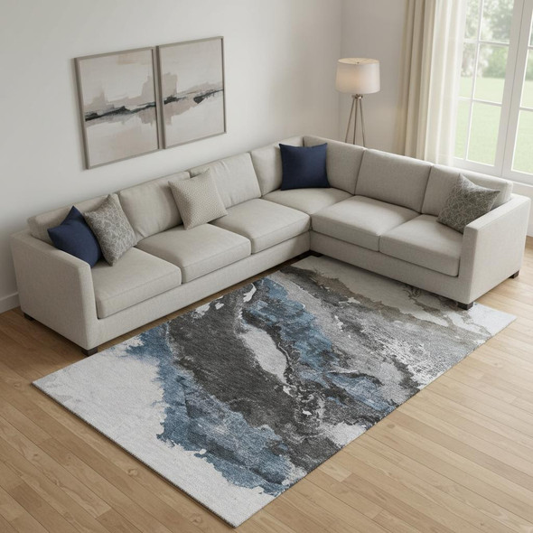 8' X 10' Pewter And Ivory Abstract Washable Area Rug With UV Protection