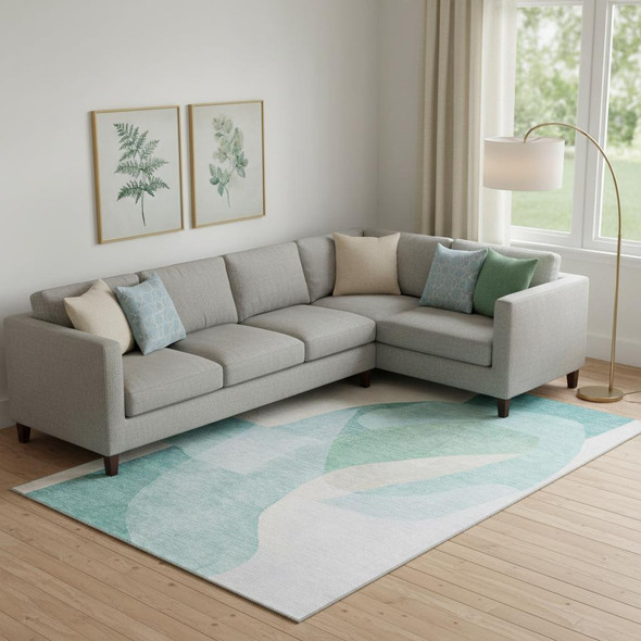 9' X 12' Pale Aqua And Beige Abstract Washable Area Rug With UV Protection