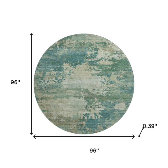 8' Teal And Beige Abstract Washable Round Rug With UV Protection