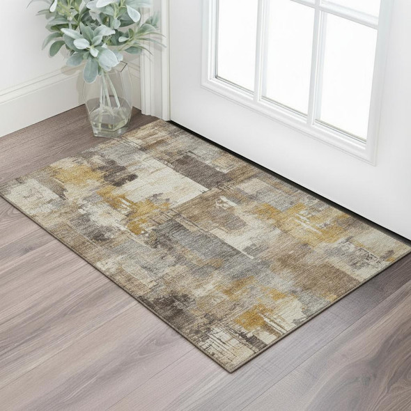 3' X 5' Brown And Beige Abstract Washable Area Rug With UV Protection