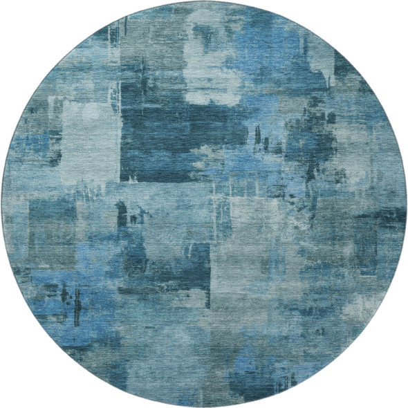 8' Blue And Denim Blue Abstract Washable Round Rug With UV Protection