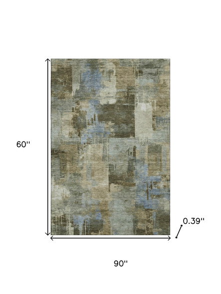 5' X 8' Green And Gray Abstract Washable Area Rug With UV Protection