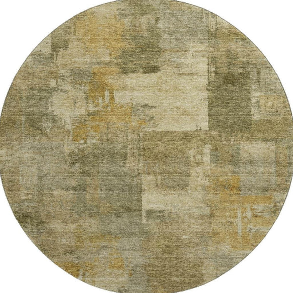 8' Khaki And Beige Abstract Washable Round Rug With UV Protection