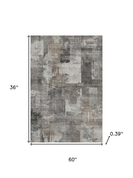 3' X 5' Pewter And Gray Abstract Washable Area Rug With UV Protection