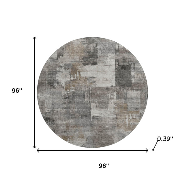 8' Pewter And Gray Abstract Washable Round Rug With UV Protection