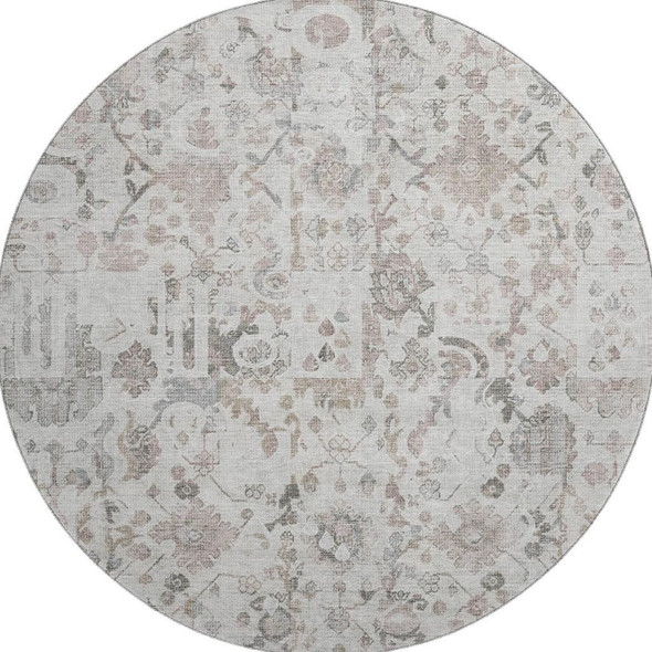 8' Taupe And Ivory Patchwork Washable Round Rug With UV Protection