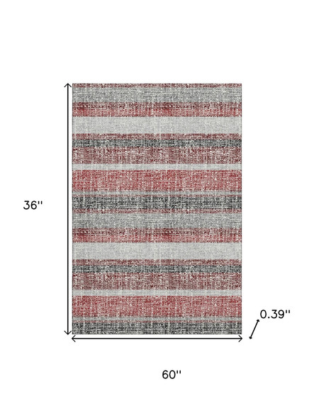 3' X 5' Burgundy And Gray Striped Washable Area Rug With UV Protection