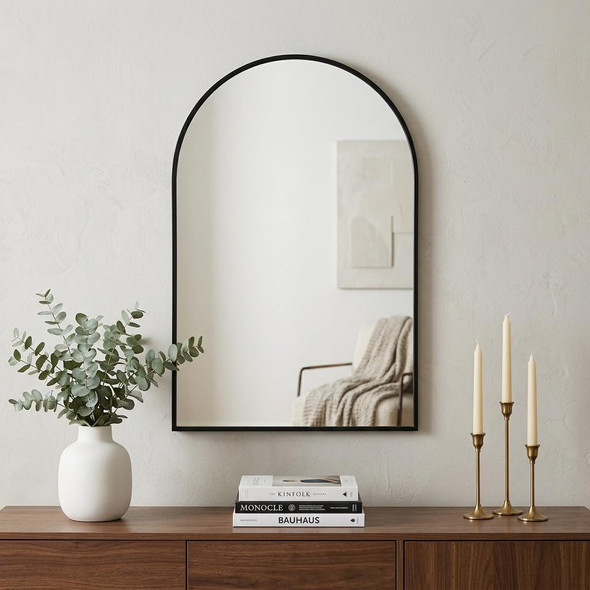 30" Black Metal Arch Framed Accent Mirror