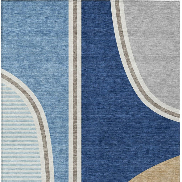 3' X 5' Blue And Denim Blue Geometric Washable Indoor Outdoor Area Rug