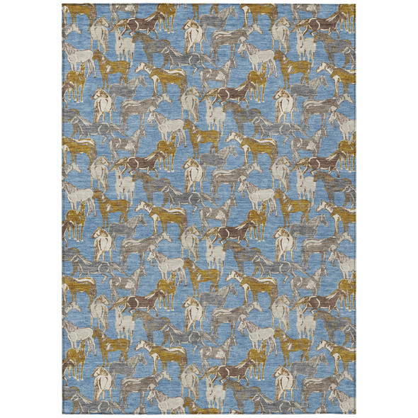 3' X 5' Denim Blue And Beige Horse Washable Indoor Outdoor Area Rug