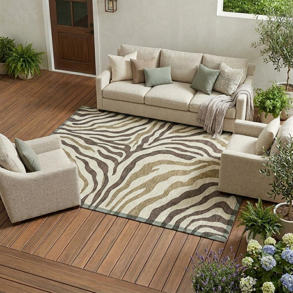 9' X 12' Brown And Beige Zebra Print Washable Indoor Outdoor Area Rug
