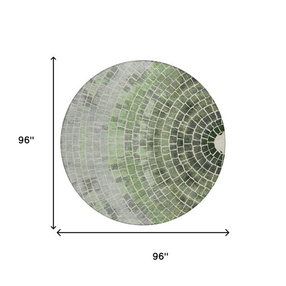 8' Green And Olive Green Round Geometric Washable Indoor Outdoor Area Rug