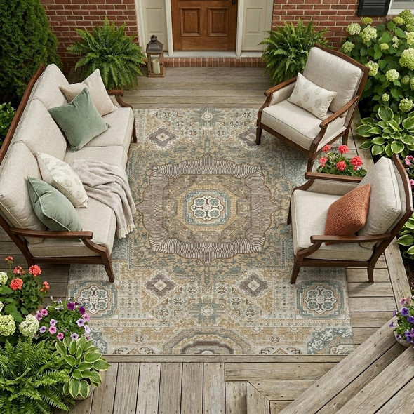 8' X 10' Beige And Ivory Oriental Washable Indoor Outdoor Area Rug