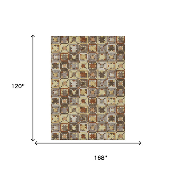 10' X 14' Brown And Wheat Patchwork Washable Indoor Outdoor Area Rug