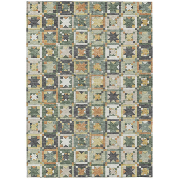 9' X 12' Green And Copper Patchwork Washable Indoor Outdoor Area Rug
