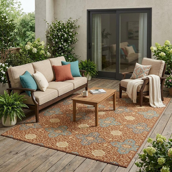 5' X 8' Orange And Teal Blue Damask Washable Indoor Outdoor Area Rug