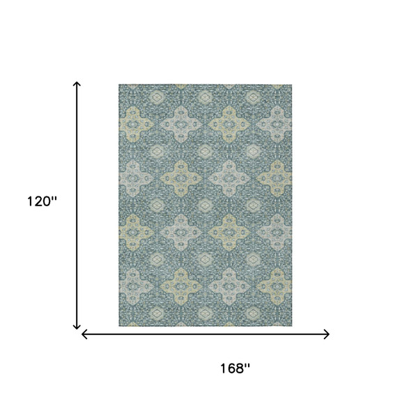 10' X 14' Teal Blue And Silver Damask Washable Indoor Outdoor Area Rug