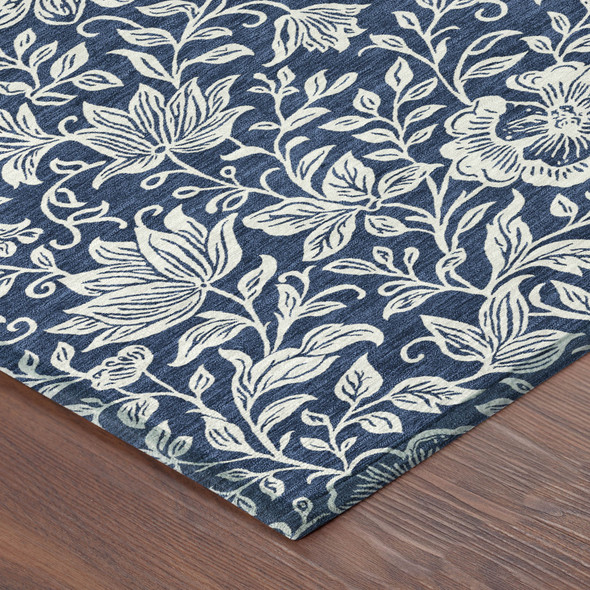 3' X 5' Navy Blue And Ivory Floral Washable Indoor Outdoor Area Rug