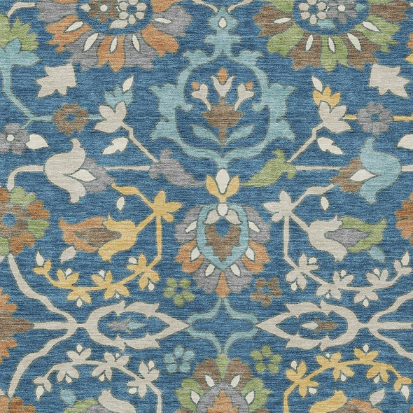 8' X 10' Blue And Brown Floral Washable Indoor Outdoor Area Rug