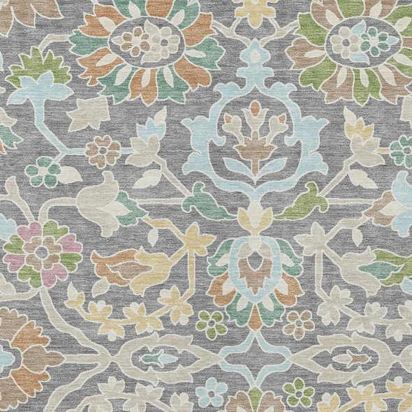 9' X 12' Gray And Silver Floral Washable Indoor Outdoor Area Rug