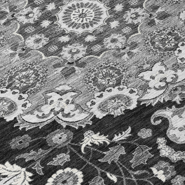 8' X 10' Black And Granite Gray Damask Washable Indoor Outdoor Area Rug
