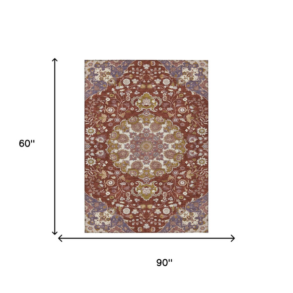 5' X 8' Burgundy And Red Damask Washable Indoor Outdoor Area Rug