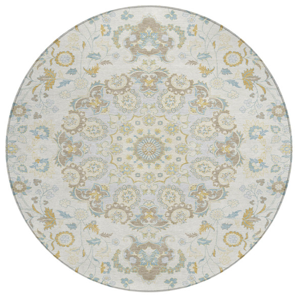 8' Ivory And Linen Round Damask Washable Indoor Outdoor Area Rug