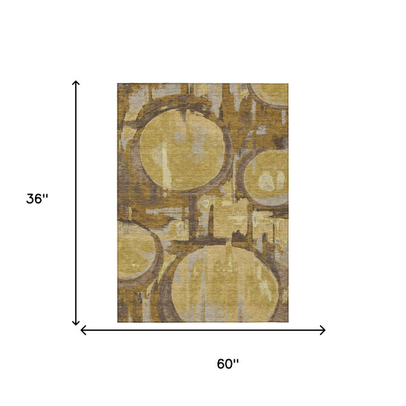 3' X 5' Walnut And Gold Abstract Washable Indoor Outdoor Area Rug