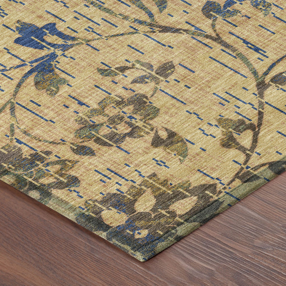 9' X 12' Gold And Brown Floral Washable Indoor Outdoor Area Rug
