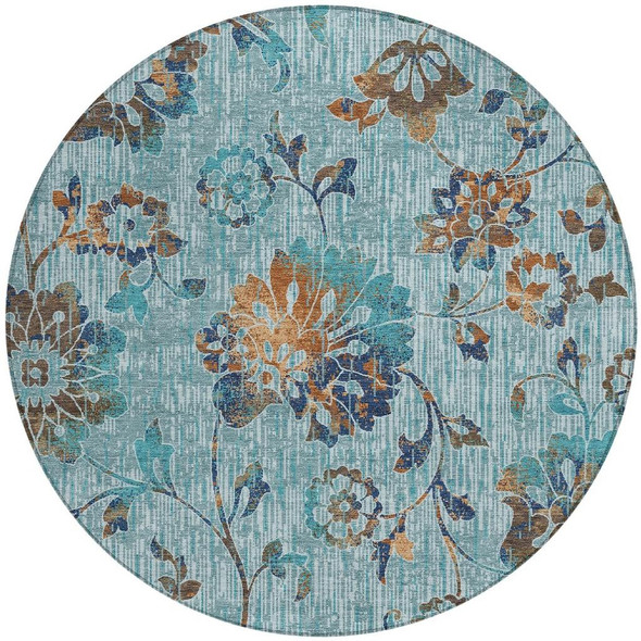 8' Teal Blue And Gray Round Floral Washable Indoor Outdoor Area Rug
